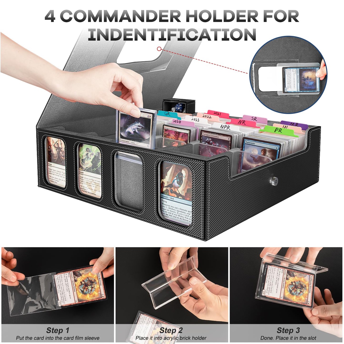 Gomyrod 3200+ Trading Card Storage Box with Commander Display - 4-Row Deck Box, Portable Handle
