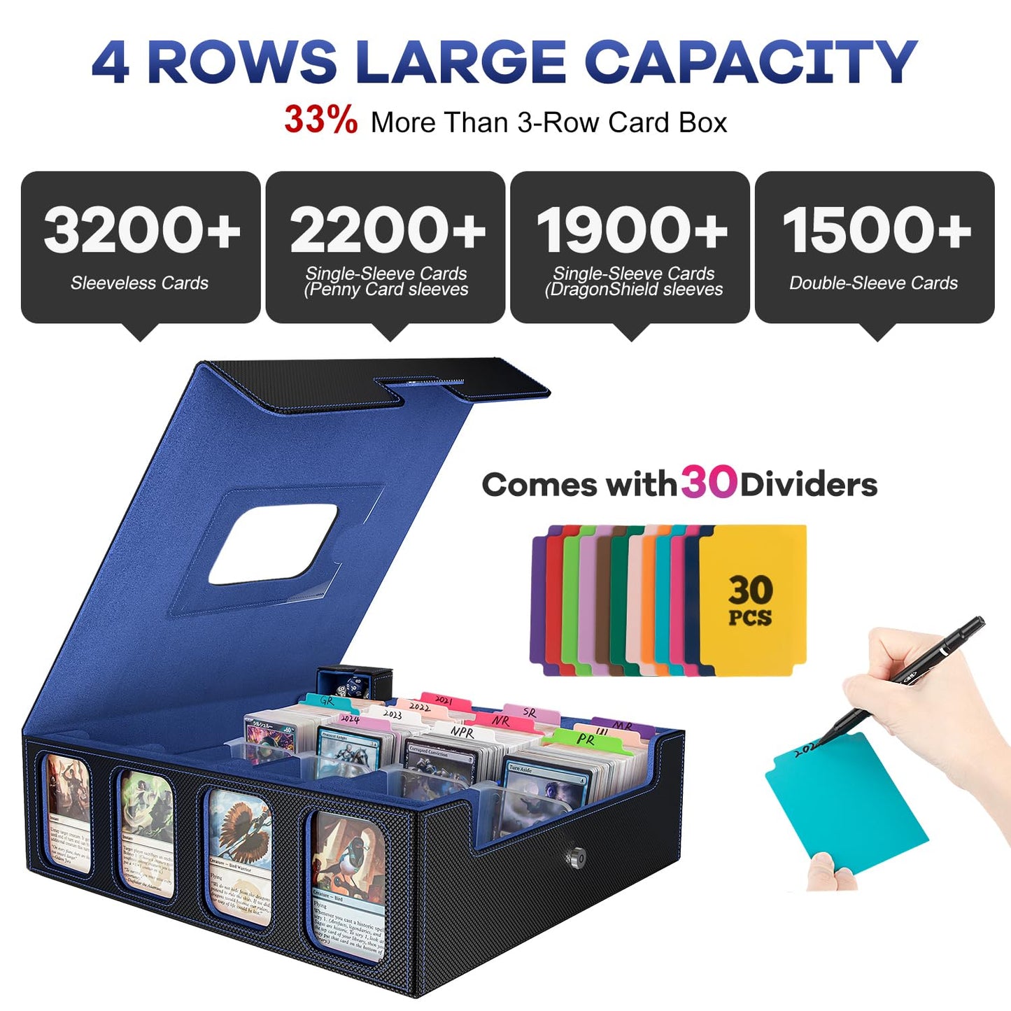 Gomyrod 3200+ Trading Card Storage Box with 4-Row Display, Patented Handle, and 30 Color-Coded Dividers – MTG/TCG Card Case