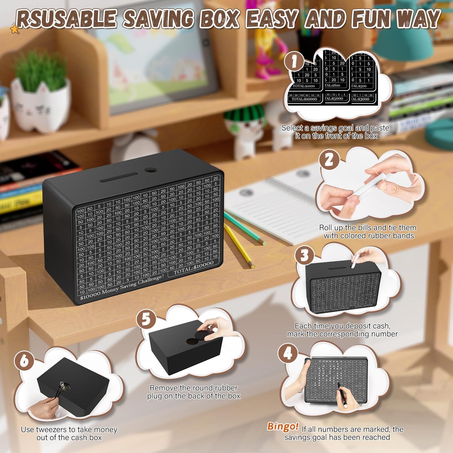 Gomyrod Wooden Money Saving Box with Counter – Savings Challenge