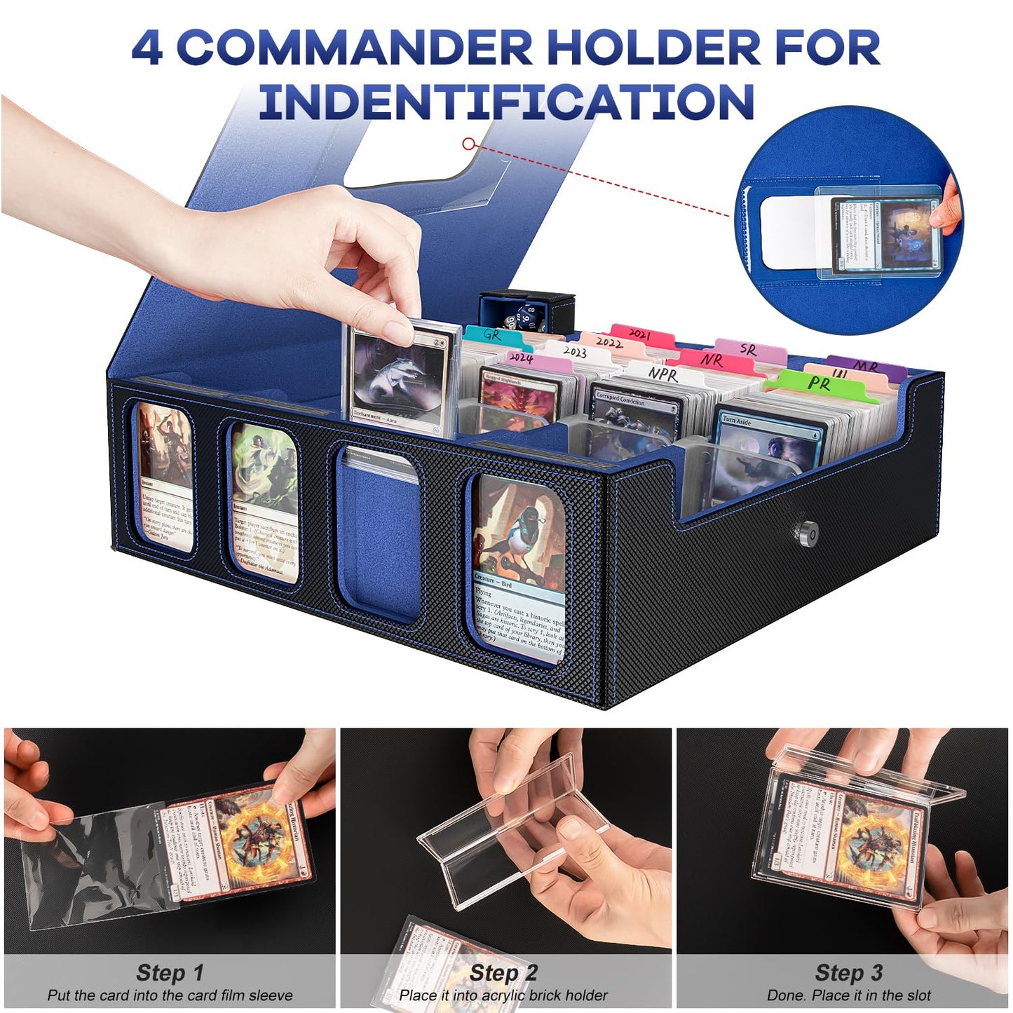 Gomyrod 3200+ Trading Card Storage Box with 4-Row Display, Patented Handle, and 30 Color-Coded Dividers – MTG/TCG Card Case