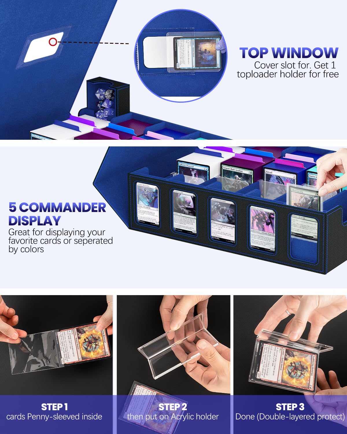 Gomyrod 5-Row Trading Card Storage Box – 4200+ Capacity, Commander Display, Portable Handle