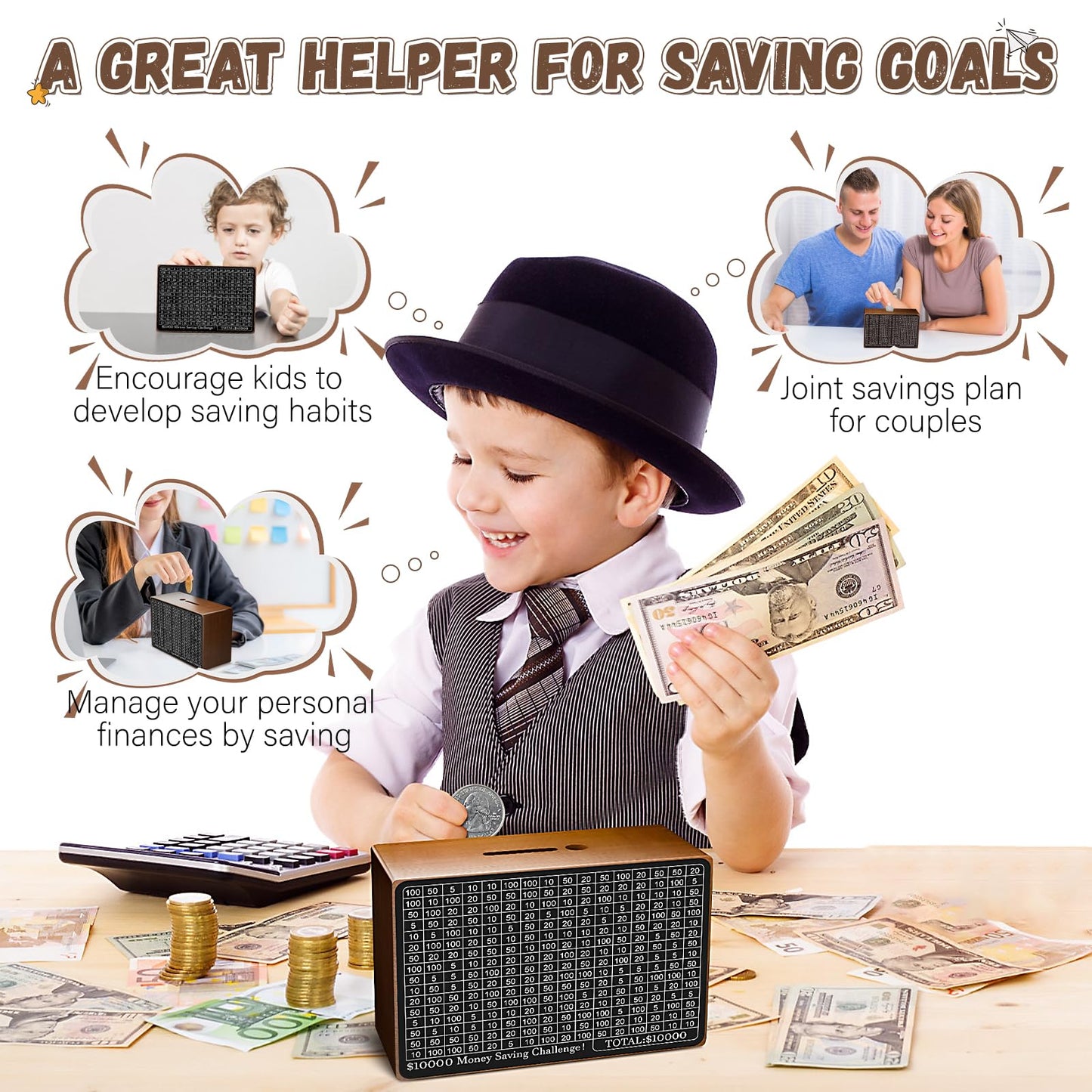 Gomyrod Wooden Money Saving Box with Counter – Savings Challenge & Reusable Cash Vault