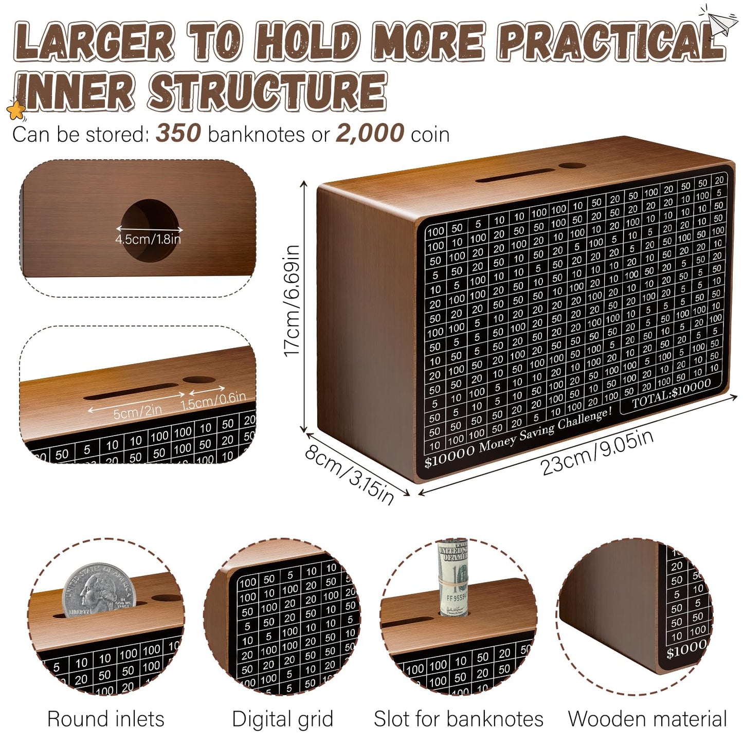 Gomyrod Wooden Money Saving Box with Counter – Savings Challenge & Reusable Cash Vault