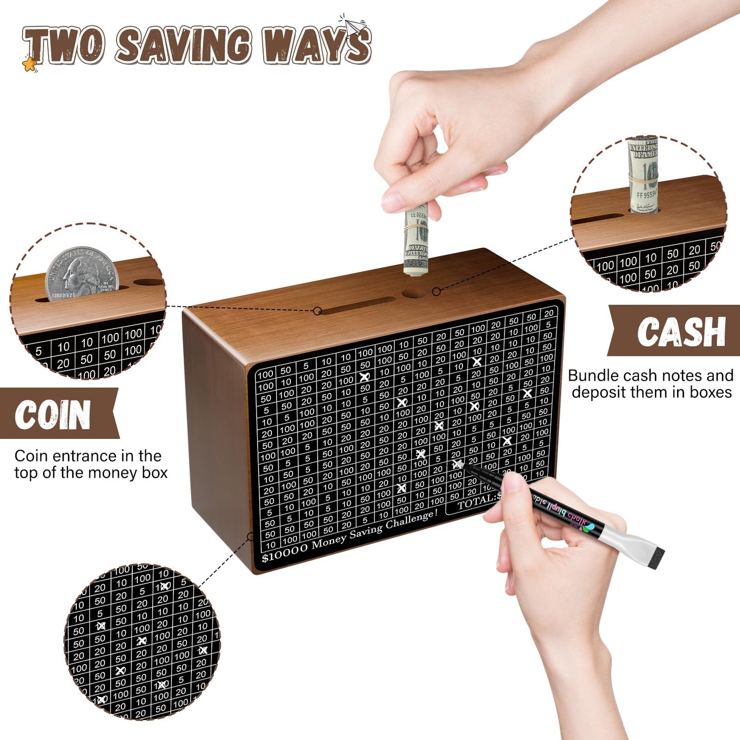 Gomyrod Wooden Money Saving Box with Counter – Savings Challenge & Reusable Cash Vault