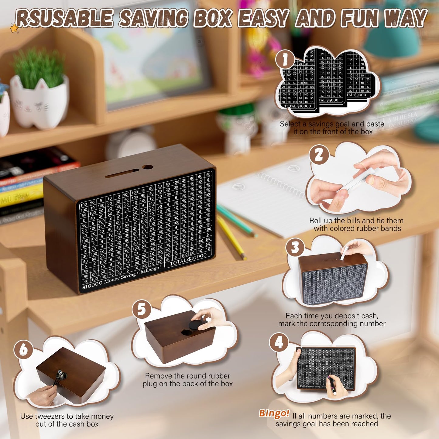 Gomyrod Wooden Money Saving Box with Counter – Savings Challenge & Reusable Cash Vault
