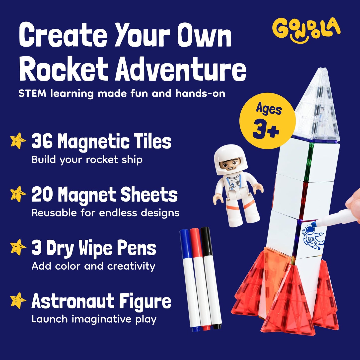 Gondola Magnetic Space Toy Set for Kids 3-5 – 61-Piece Rocket Ship Build with Astronaut