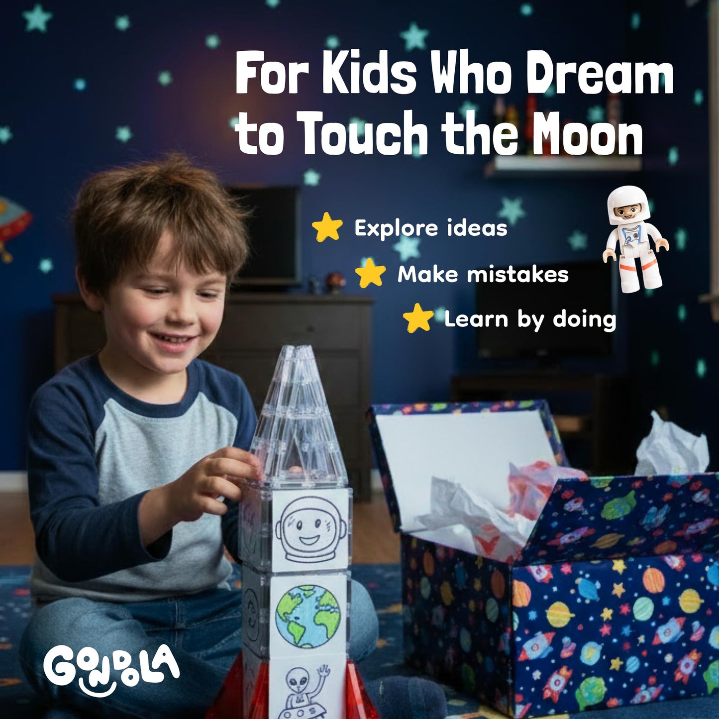 Gondola Magnetic Space Toy Set for Kids 3-5 – 61-Piece Rocket Ship Build with Astronaut