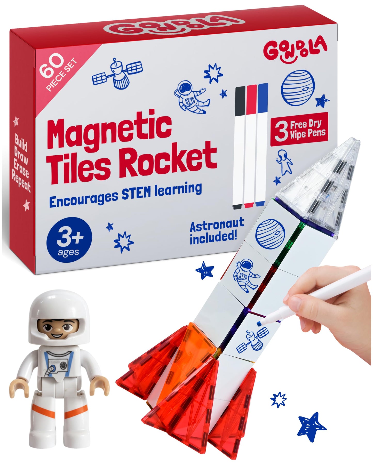 Gondola Magnetic Space Toy Set for Kids 3-5 – 61-Piece Rocket Ship Build with Astronaut