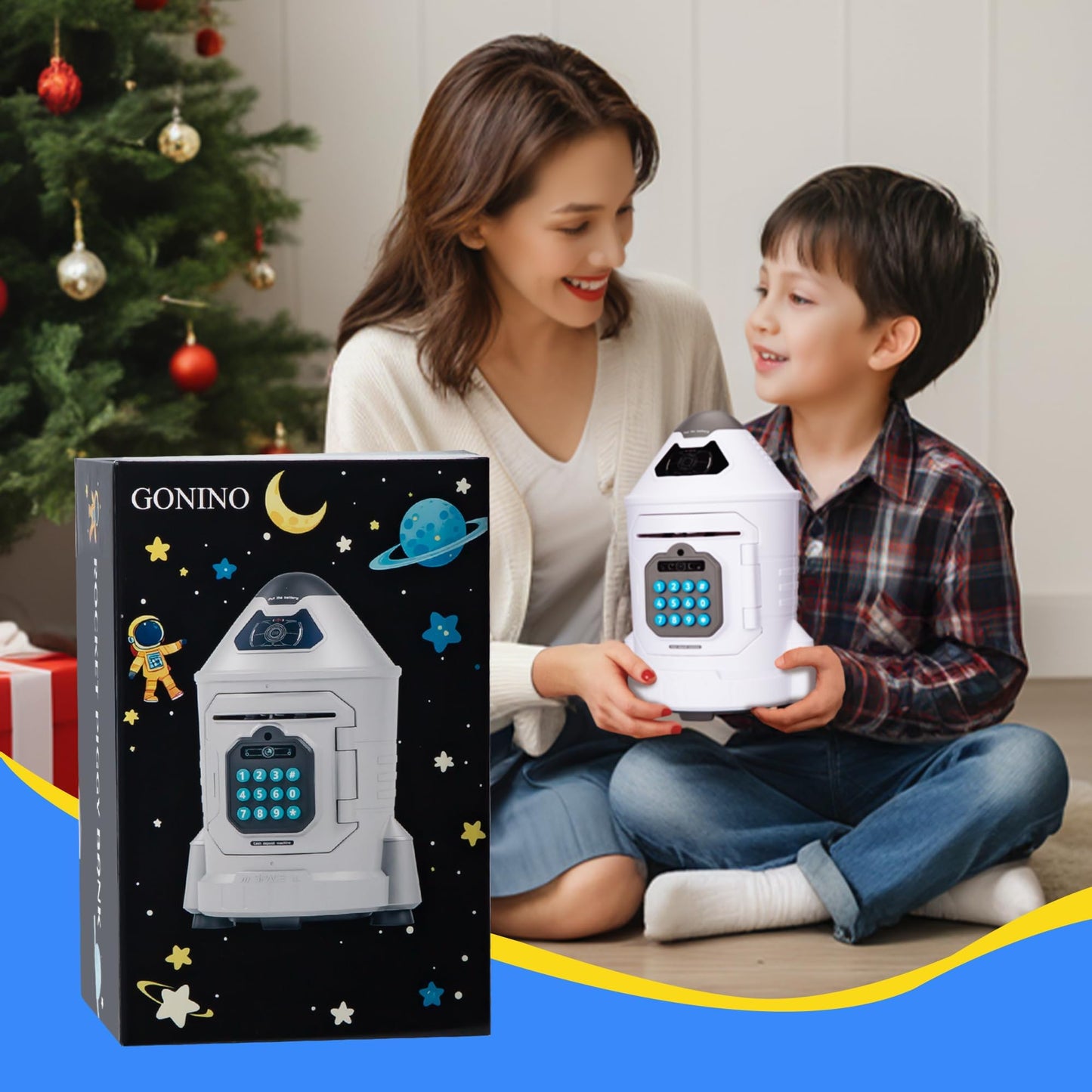 GONINO Kids Safe Rocket Piggy Bank – Password & Face ID ATM Saving Box (Gift for 4–10 Year Olds)