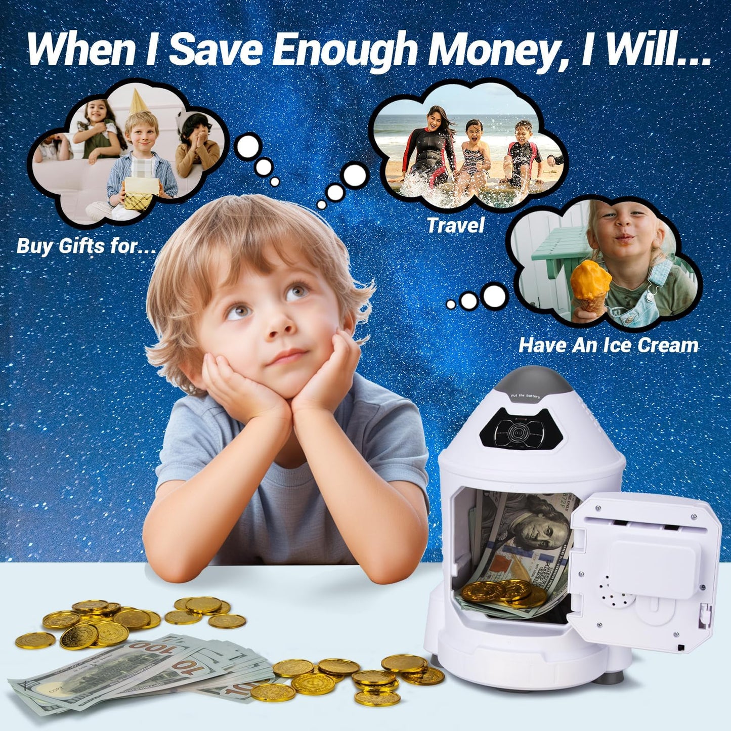 GONINO Kids Safe Rocket Piggy Bank – Password & Face ID ATM Saving Box (Gift for 4–10 Year Olds)