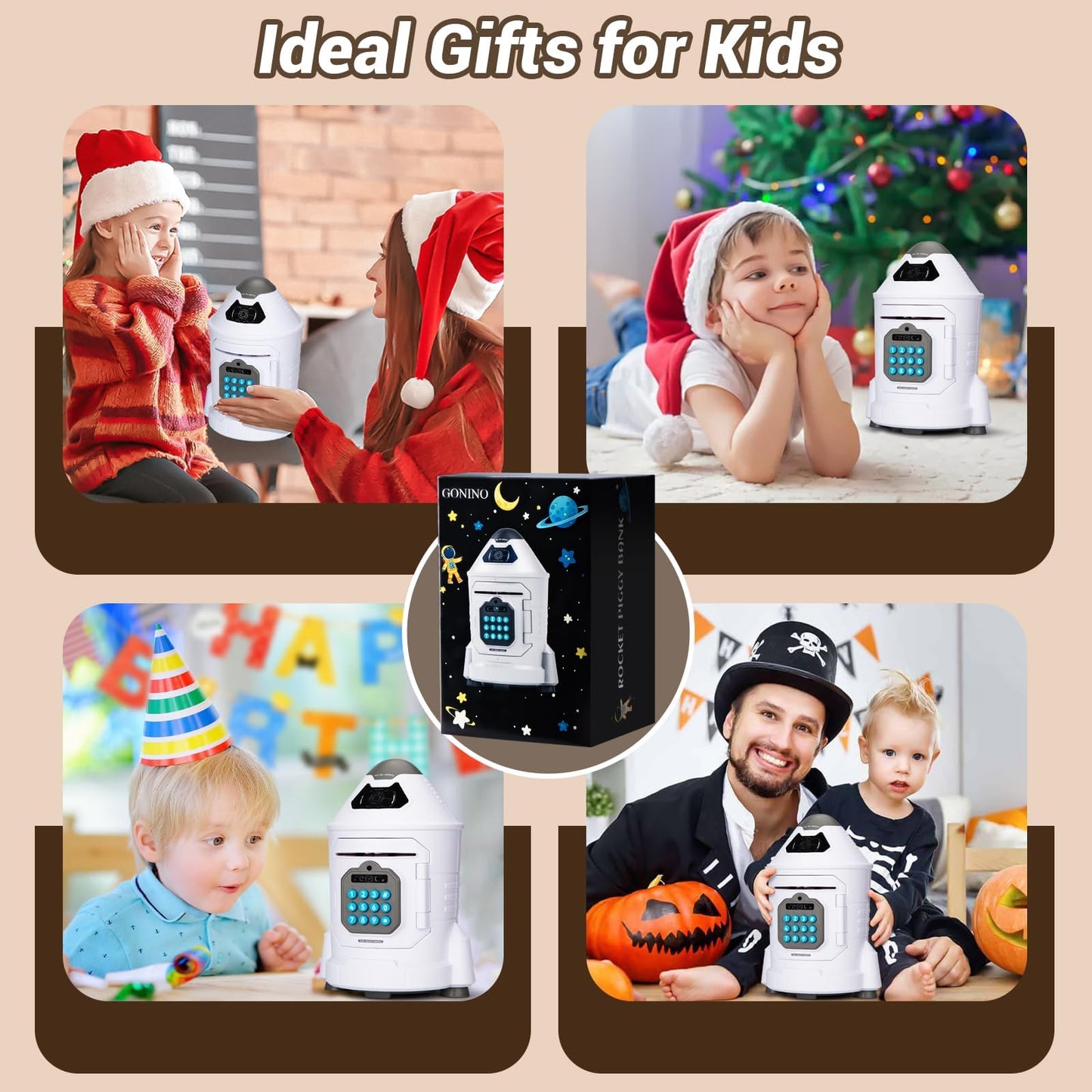 GONINO Kids Safe Rocket Piggy Bank – Password & Face ID ATM Saving Box (Gift for 4–10 Year Olds)