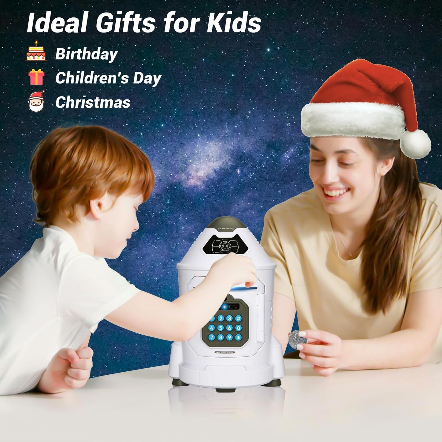 GONINO Kids Safe Rocket Piggy Bank – Password & Face ID ATM Saving Box (Gift for 4–10 Year Olds)