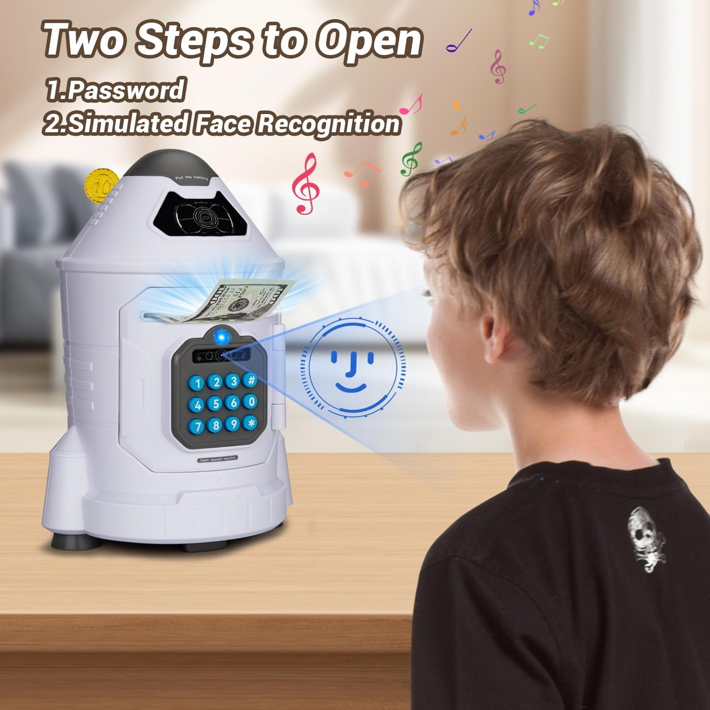 GONINO Kids Safe Rocket Piggy Bank – Password & Face ID ATM Saving Box (Gift for 4–10 Year Olds)