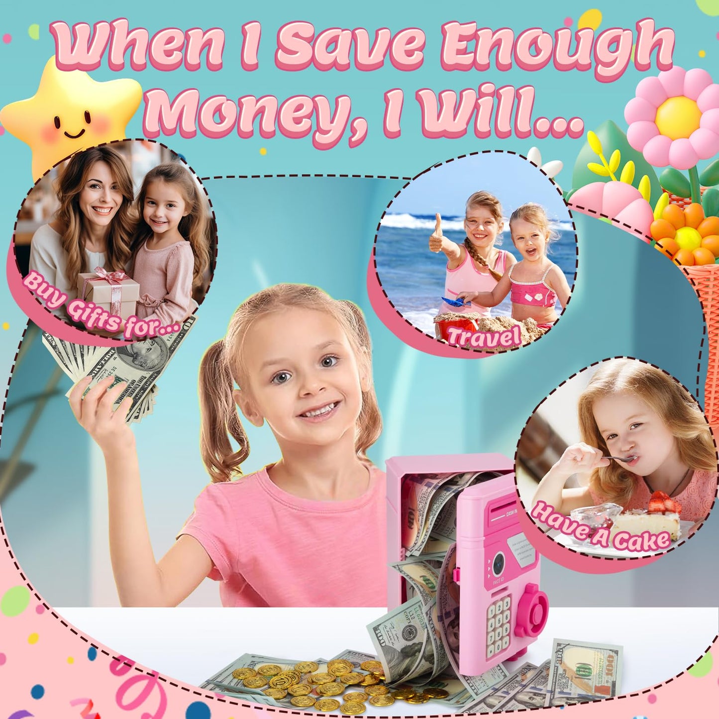 GONINO Electronic Piggy Bank for Kids – Pink Safe 2025 with Password & Face ID