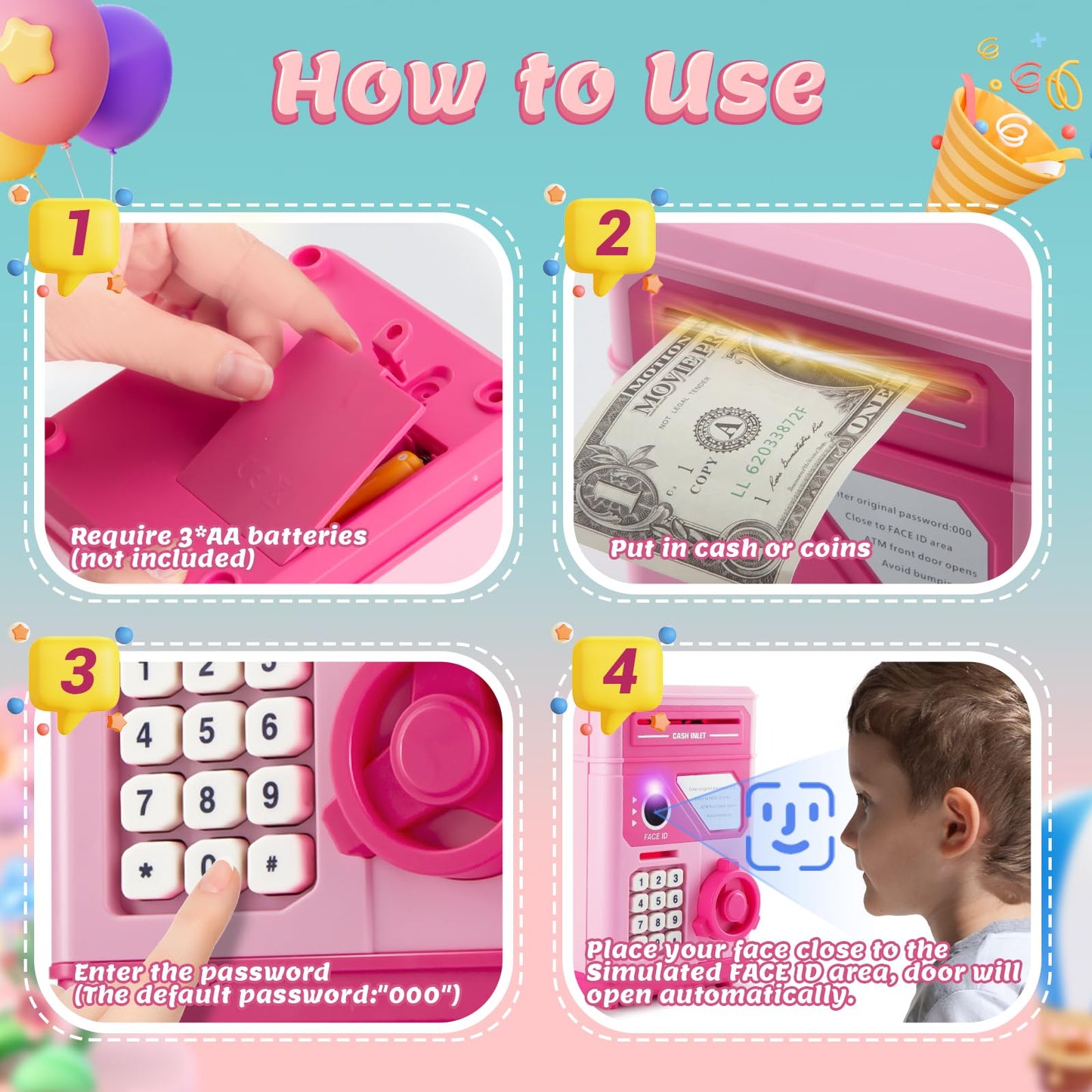 GONINO Electronic Piggy Bank for Kids – Pink Safe 2025 with Password & Face ID