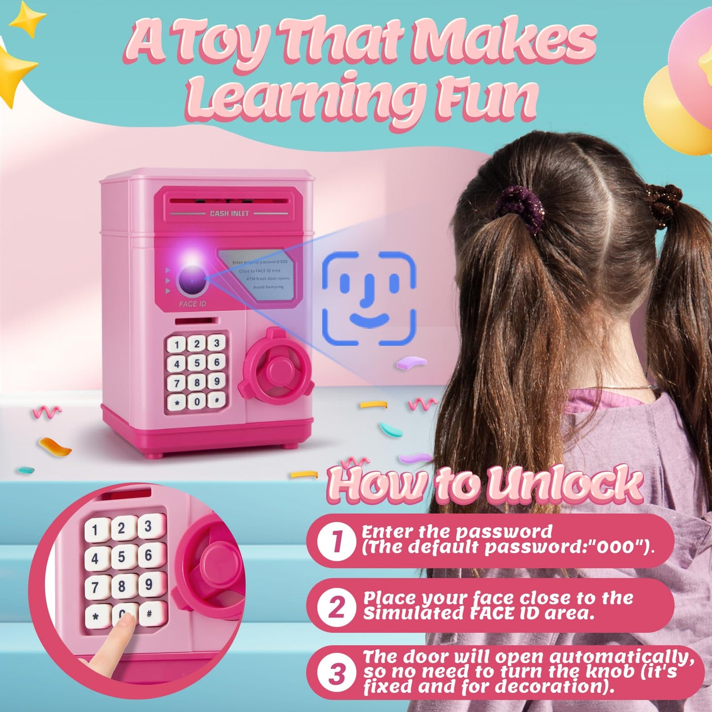 GONINO Electronic Piggy Bank for Kids – Pink Safe 2025 with Password & Face ID