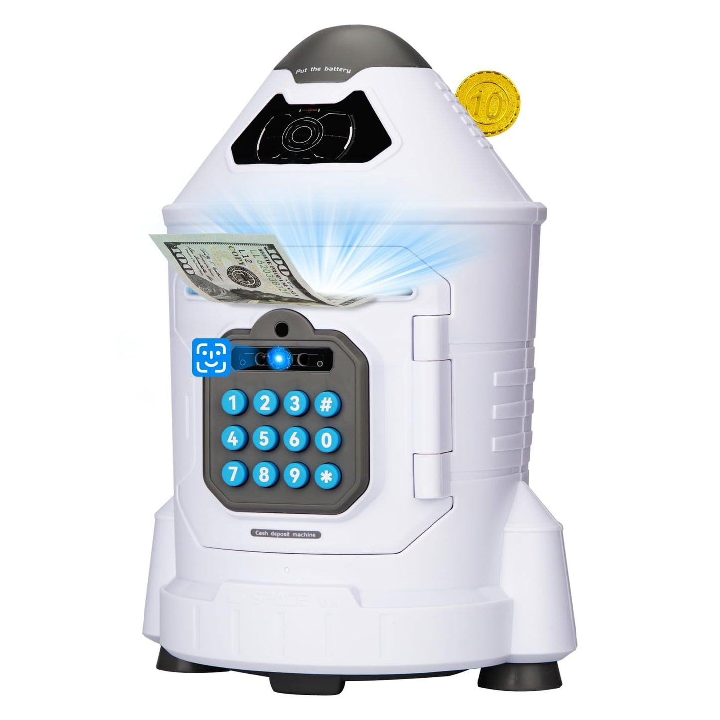 GONINO Kids Safe Rocket Piggy Bank – Password & Face ID ATM Saving Box (Gift for 4–10 Year Olds)