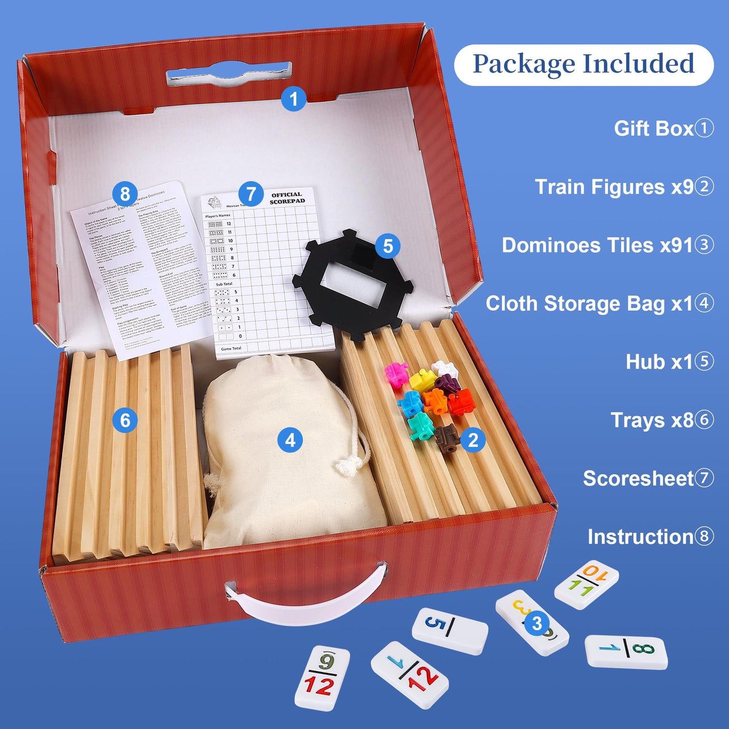 Gonoelec Mexican Train Dominoes Set Double 12 with Numbers – 91 Tiles, 9 Trains, 8 Wooden Holders