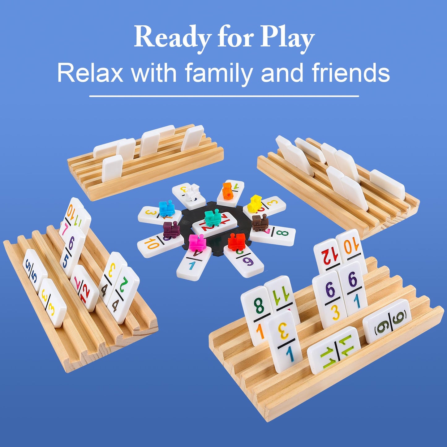 Gonoelec Mexican Train Dominoes Set Double 12 with Numbers – 91 Tiles, 9 Trains, 8 Wooden Holders