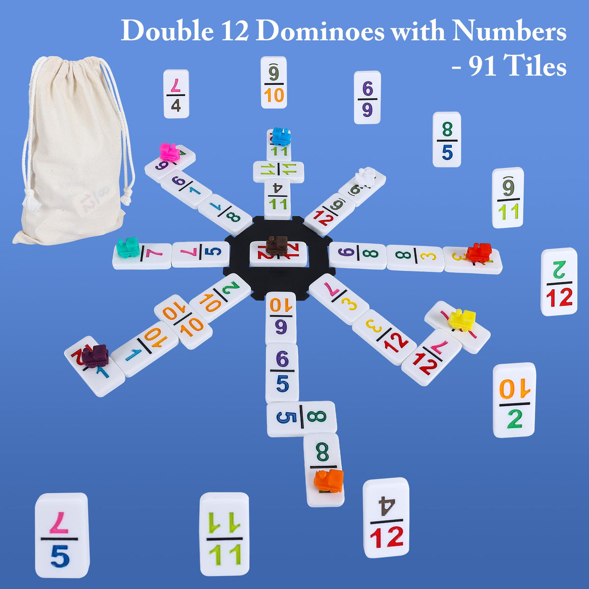 Gonoelec Mexican Train Dominoes Set Double 12 with Numbers – 91 Tiles, 9 Trains, 8 Wooden Holders