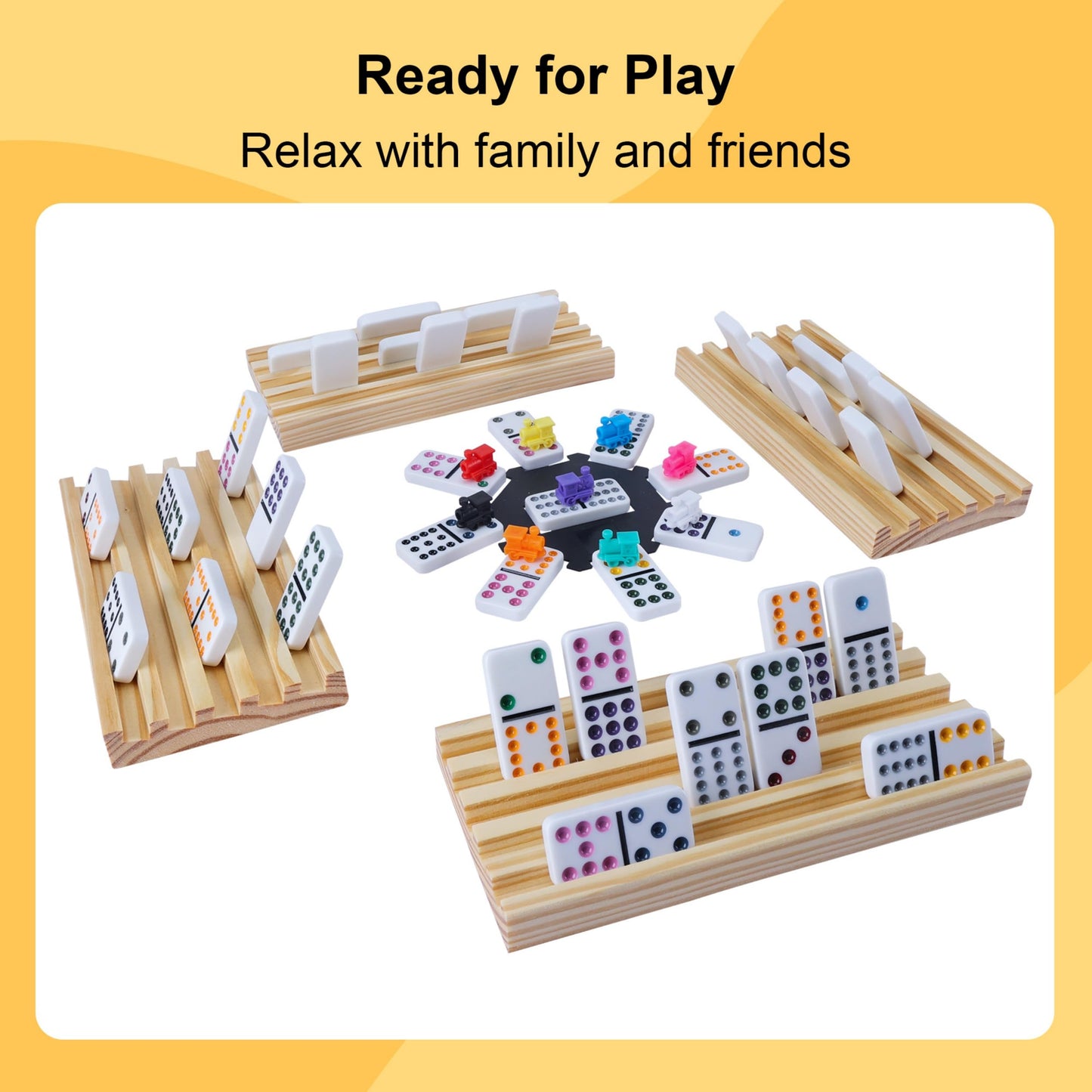 Gonoelec Double 12 Mexican Train Dominoes Set — 8 Wooden Holders, 9 Train Markers, Tin Box