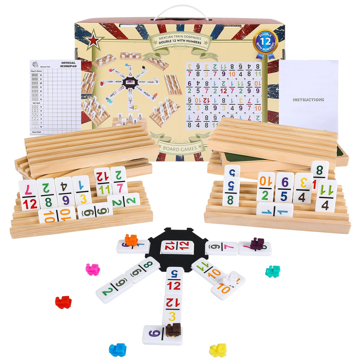 Gonoelec Mexican Train Dominoes Set Double 12 with Numbers – 91 Tiles, 9 Trains, 8 Wooden Holders