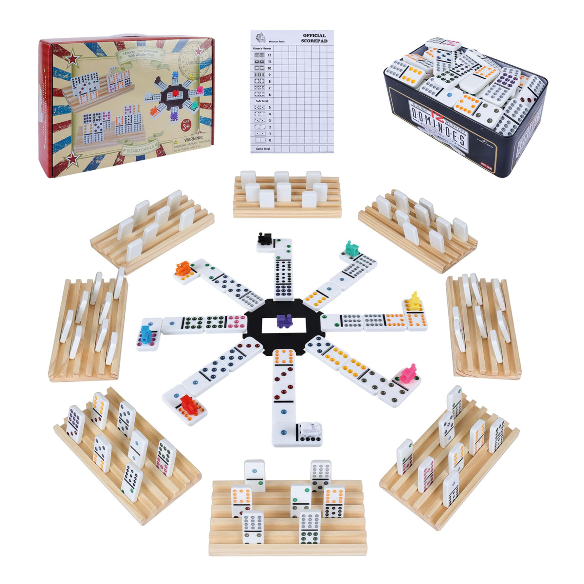 Gonoelec Double 12 Mexican Train Dominoes Set — 8 Wooden Holders, 9 Train Markers, Tin Box