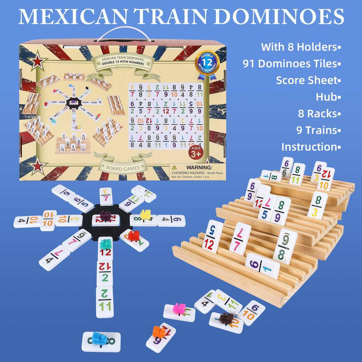 Gonoelec Mexican Train Dominoes Set Double 12 with Numbers – 91 Tiles, 9 Trains, 8 Wooden Holders