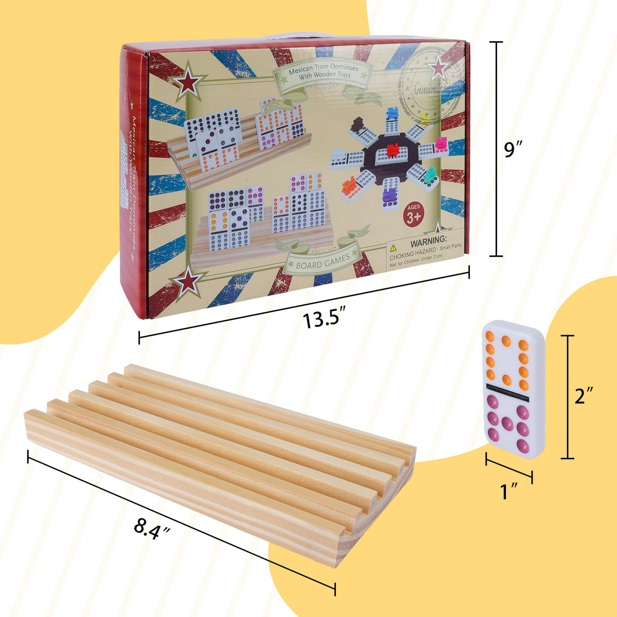 Gonoelec Double 12 Mexican Train Dominoes Set — 8 Wooden Holders, 9 Train Markers, Tin Box