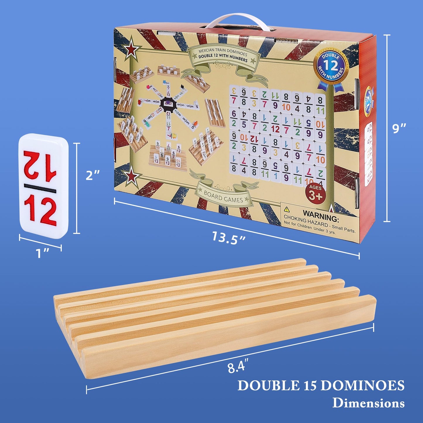 Gonoelec Mexican Train Dominoes Set Double 12 with Numbers – 91 Tiles, 9 Trains, 8 Wooden Holders