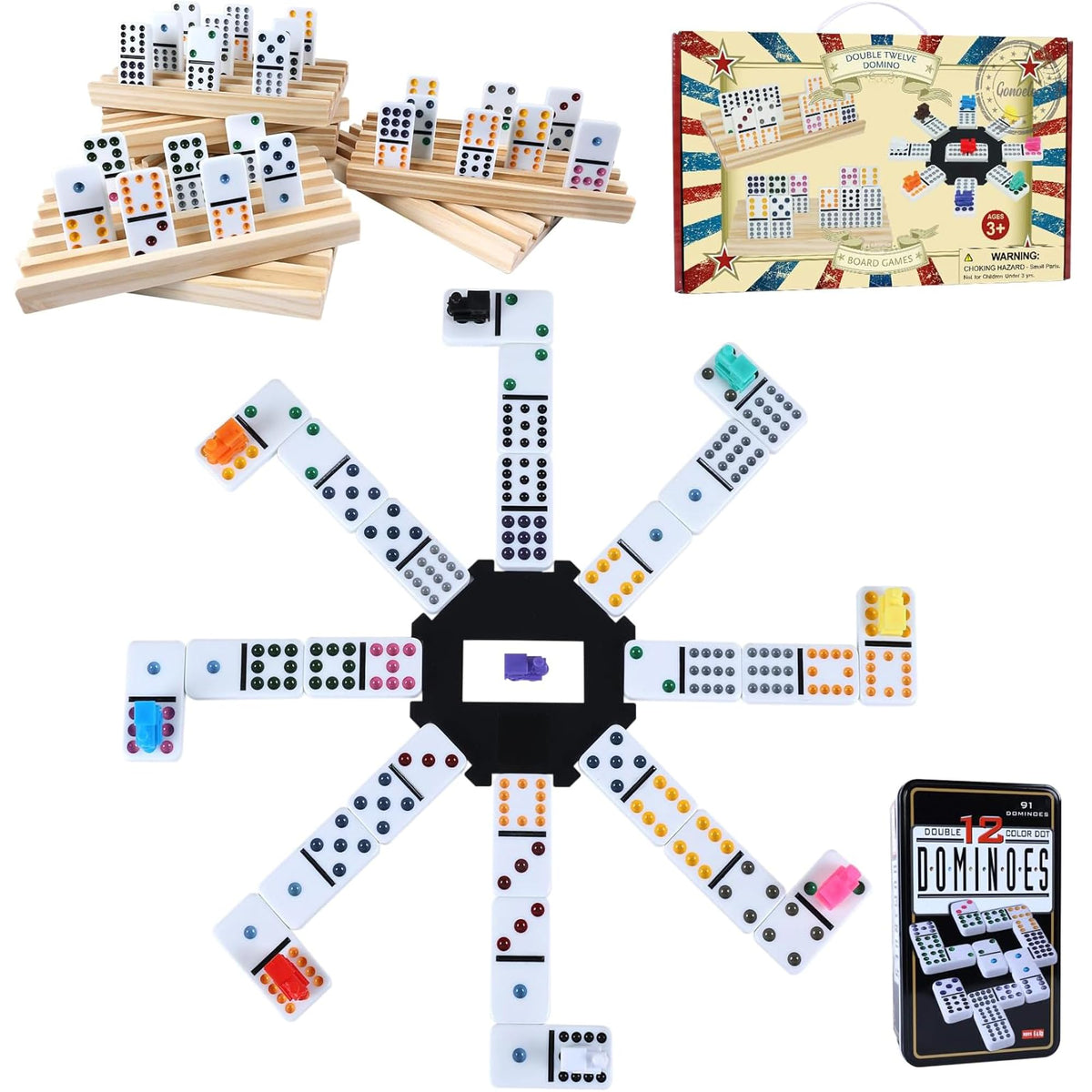 Gonoelec Double 12 Mexican Train Dominoes Set — 8 Wooden Holders, 9 Train Markers, Tin Box