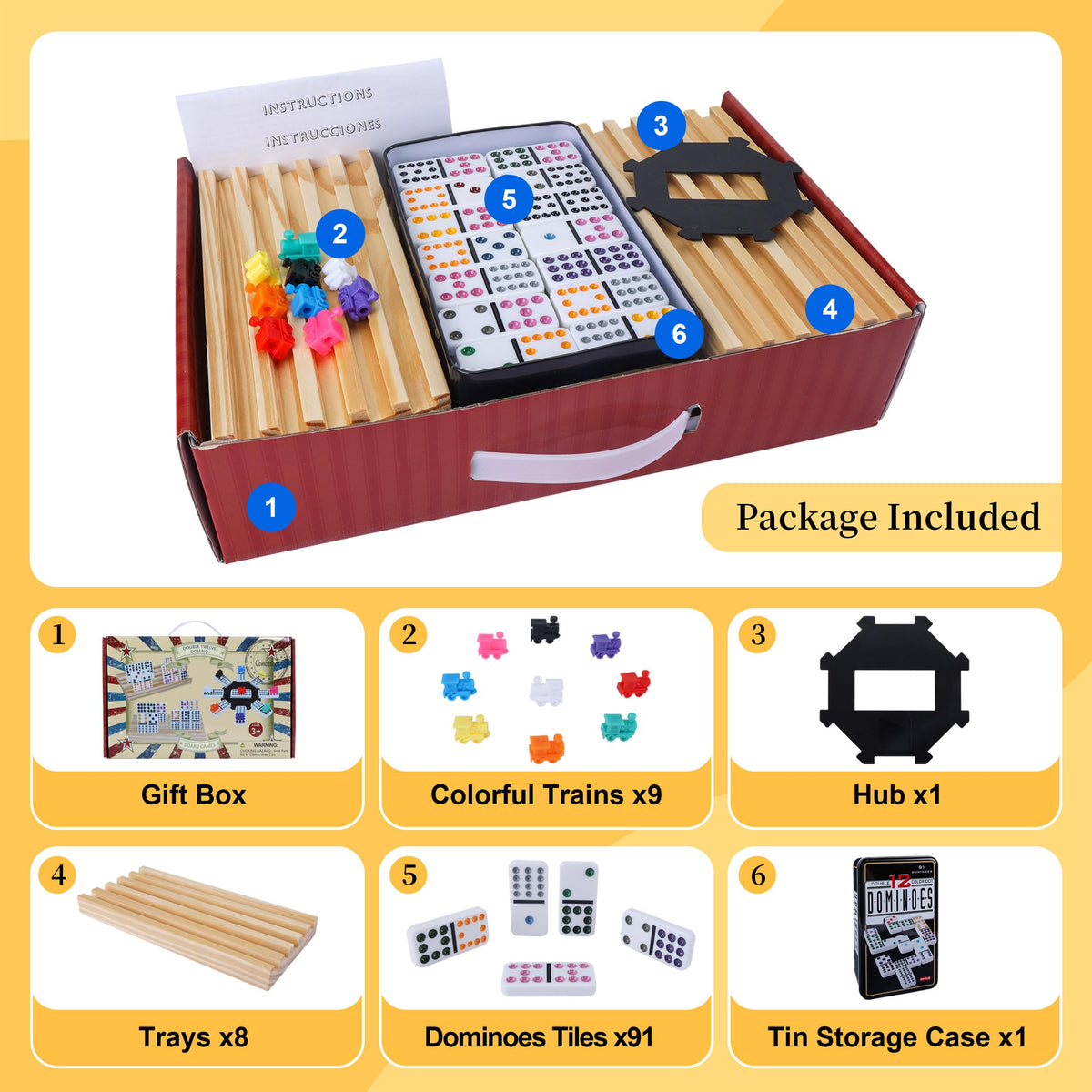 Gonoelec Double 12 Mexican Train Dominoes Set — 8 Wooden Holders, 9 Train Markers, Tin Box