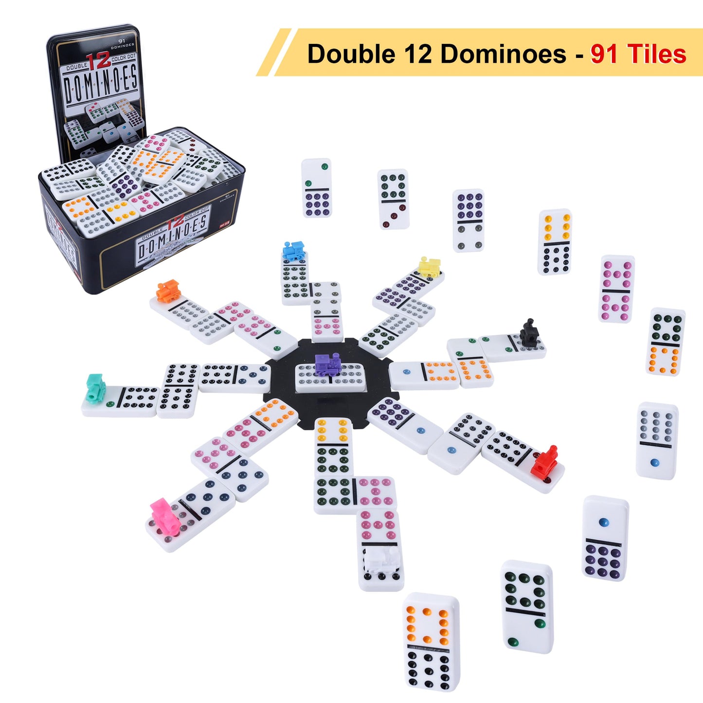 Gonoelec Double 12 Mexican Train Dominoes Set — 8 Wooden Holders, 9 Train Markers, Tin Box