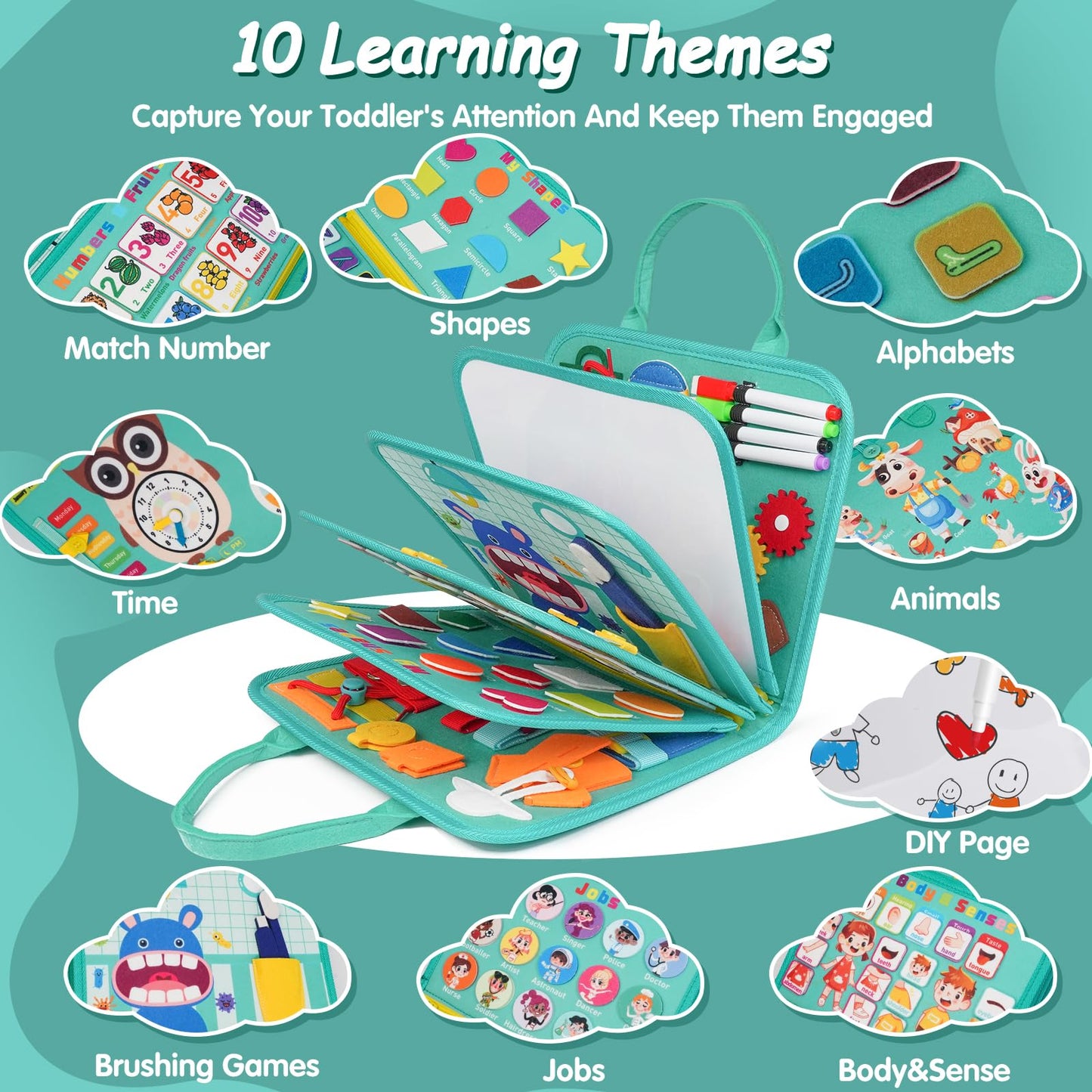 Goobaetoy Montessori Busy Board – 32 Activities for Toddlers 3-6 (18 Life Skills, 12 Themes)