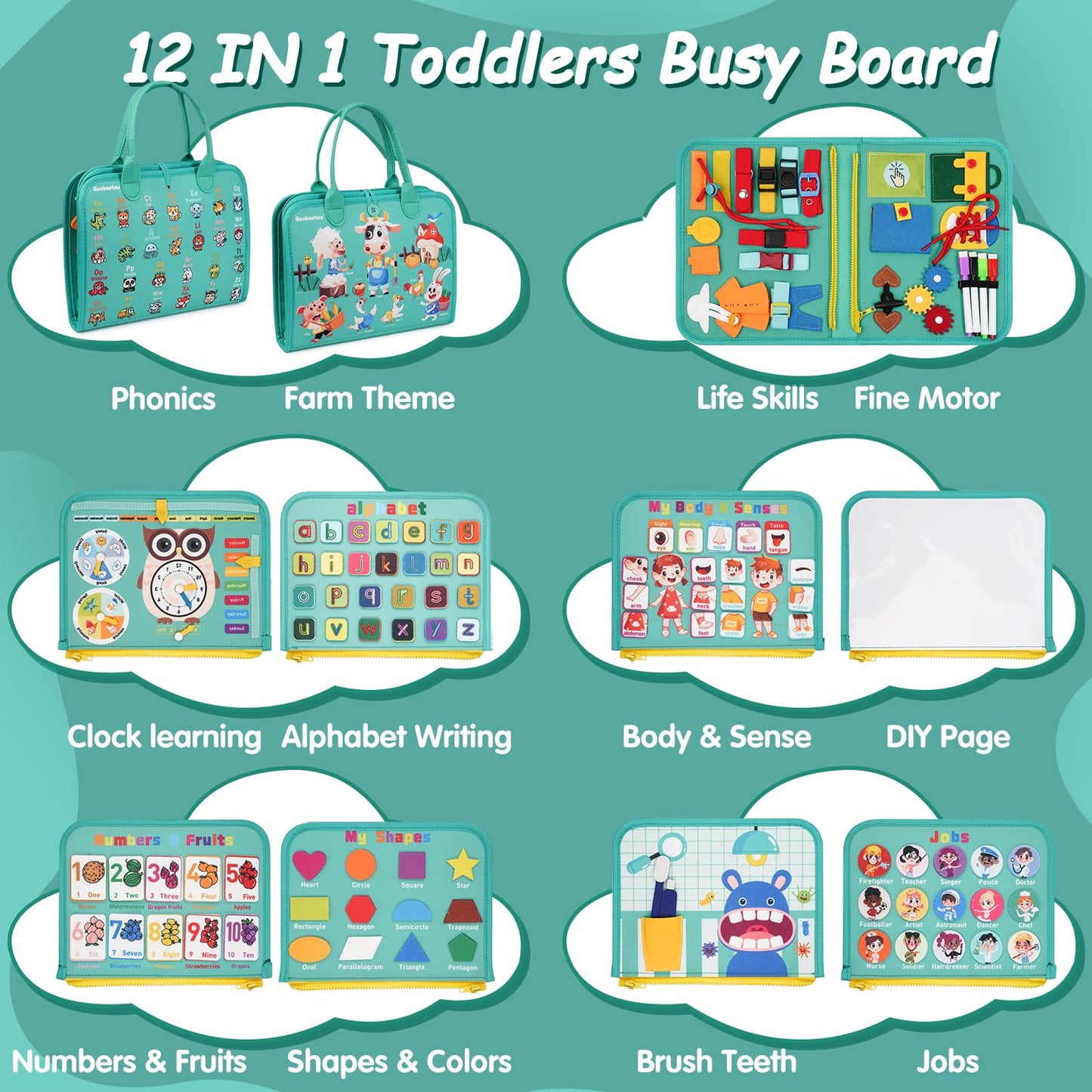 Goobaetoy Montessori Busy Board – 32 Activities for Toddlers 3-6 (18 Life Skills, 12 Themes)