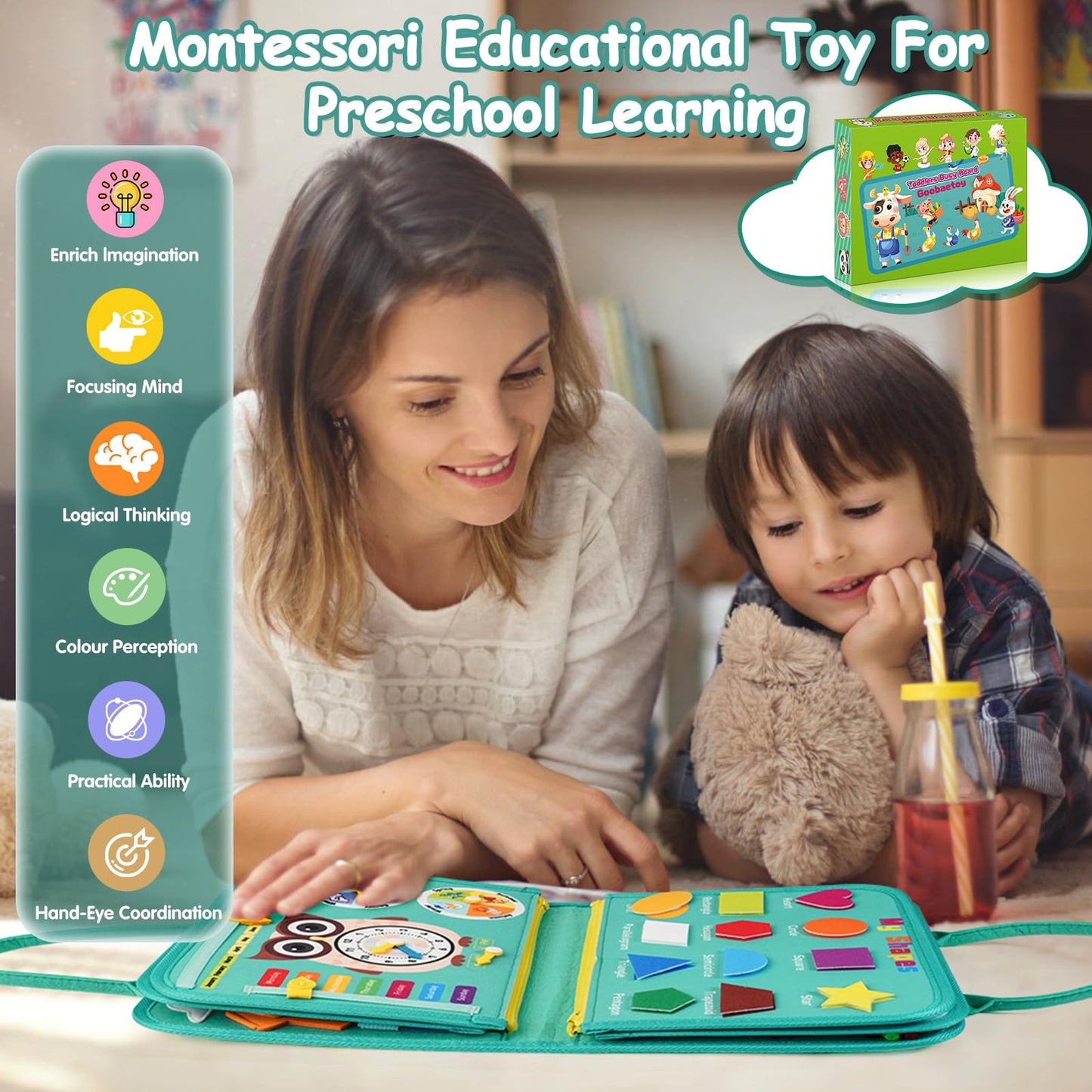 Goobaetoy Montessori Busy Board – 32 Activities for Toddlers 3-6 (18 Life Skills, 12 Themes)