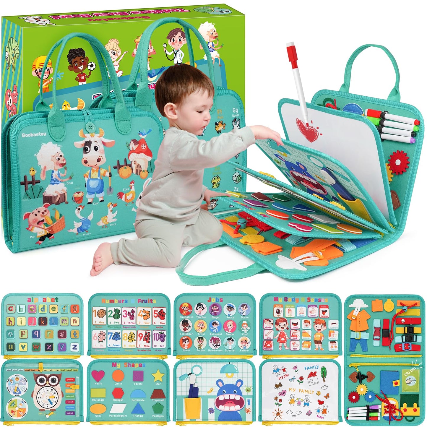 Goobaetoy Montessori Busy Board – 32 Activities for Toddlers 3-6 (18 Life Skills, 12 Themes)