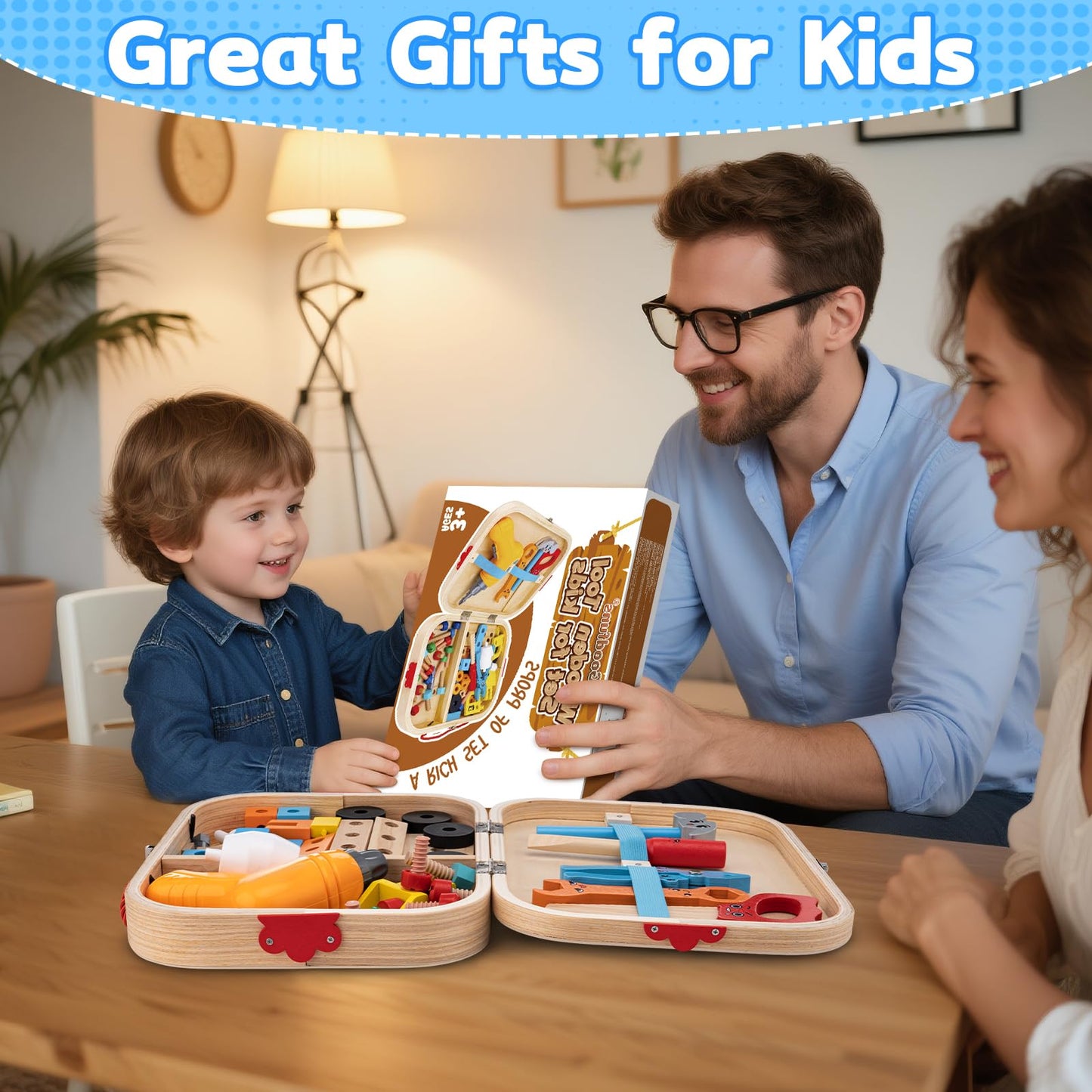 Goodfuns Kids Tool Set Toy — Montessori Wooden Toolbox with Safe Electric Drill | 59 Pcs STEM Construction Toys for 3–6 Year Olds