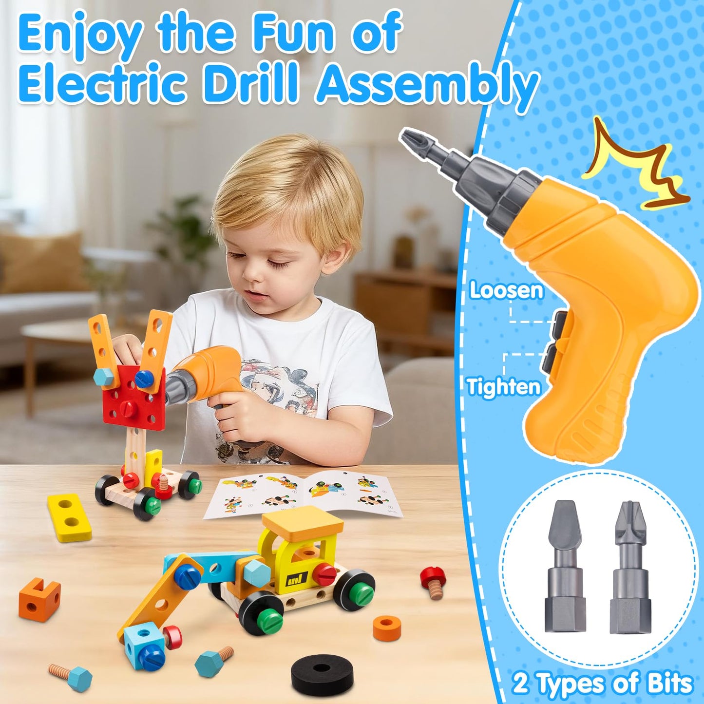 Goodfuns Kids Tool Set Toy — Montessori Wooden Toolbox with Safe Electric Drill | 59 Pcs STEM Construction Toys for 3–6 Year Olds