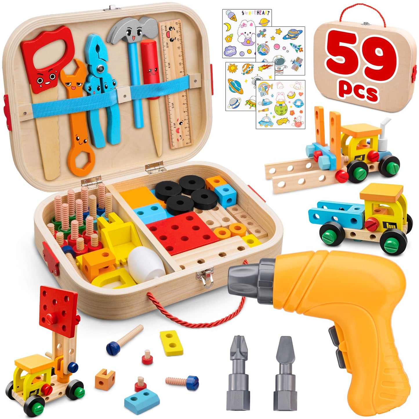 Goodfuns Kids Tool Set Toy — Montessori Wooden Toolbox with Safe Electric Drill | 59 Pcs STEM Construction Toys for 3–6 Year Olds