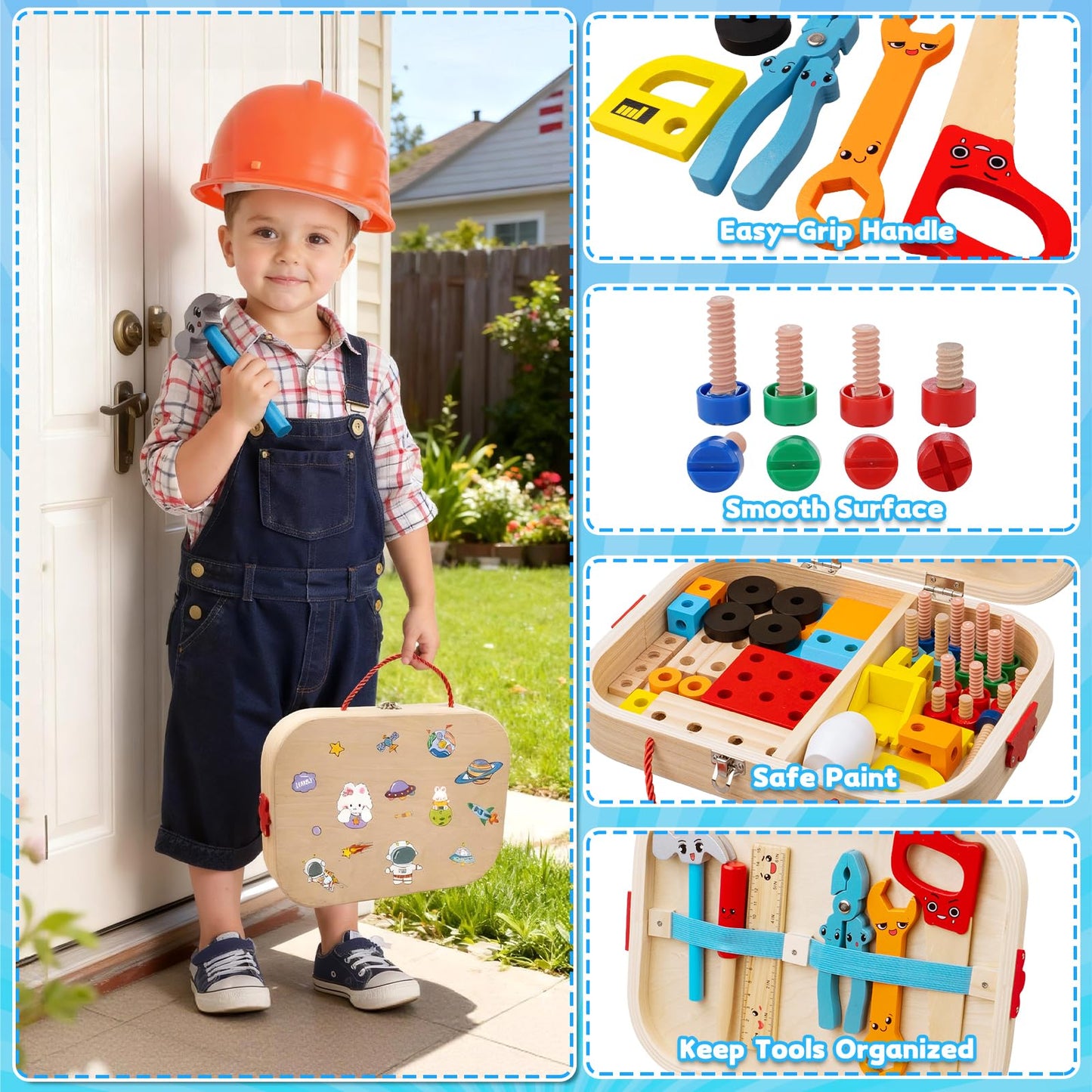 Goodfuns Kids Tool Set Toy — Montessori Wooden Toolbox with Safe Electric Drill | 59 Pcs STEM Construction Toys for 3–6 Year Olds
