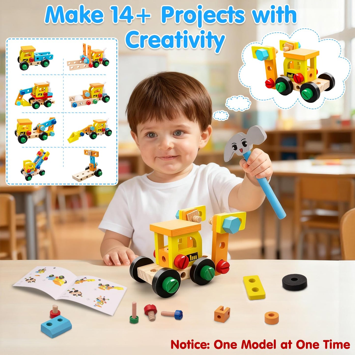 Goodfuns Kids Tool Set Toy — Montessori Wooden Toolbox with Safe Electric Drill | 59 Pcs STEM Construction Toys for 3–6 Year Olds