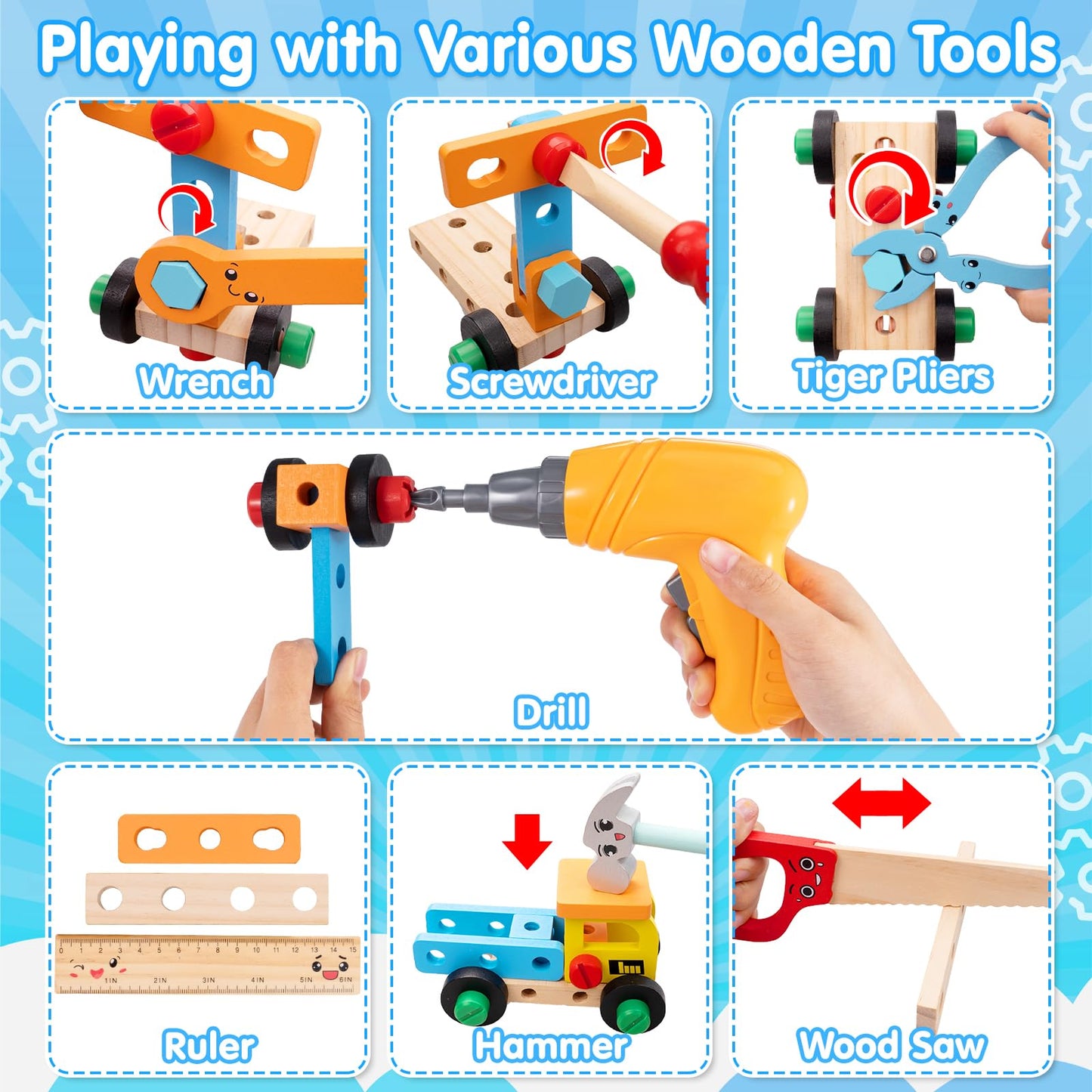 Goodfuns Kids Tool Set Toy — Montessori Wooden Toolbox with Safe Electric Drill | 59 Pcs STEM Construction Toys for 3–6 Year Olds