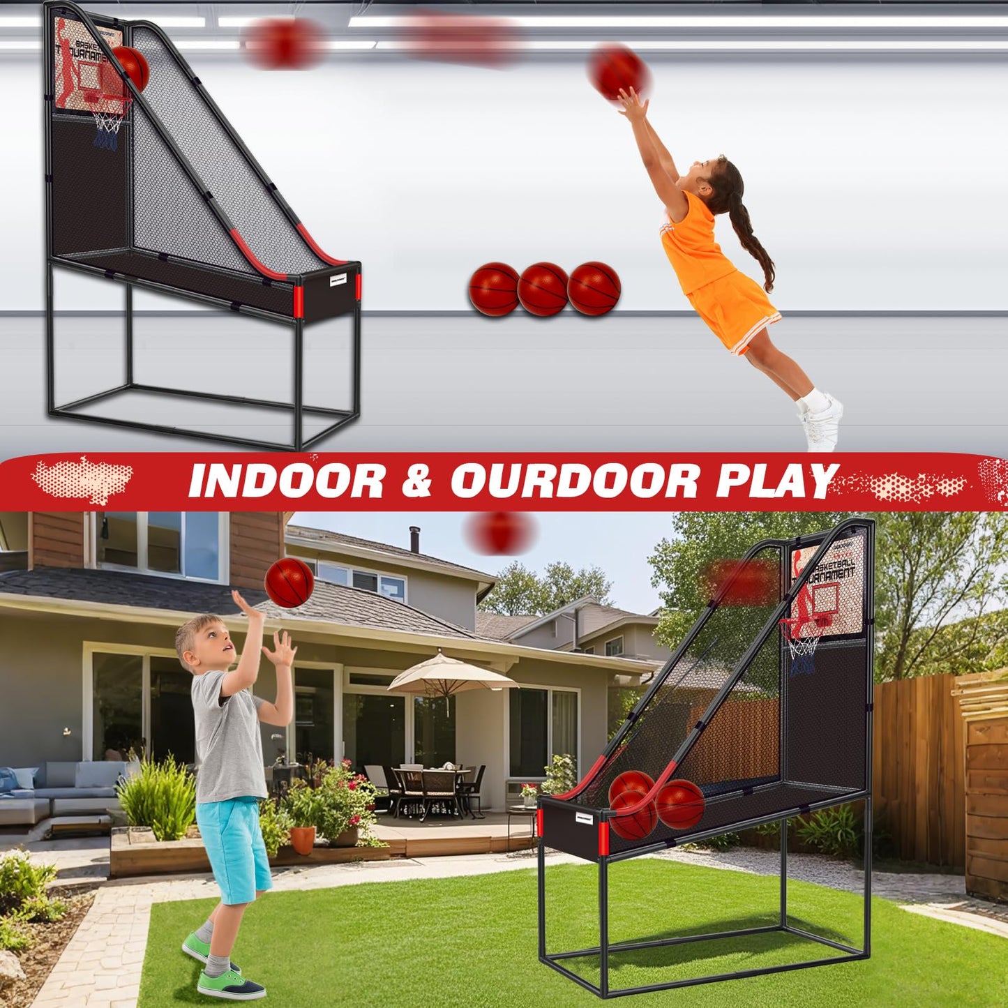 GOODLYSPORTS 63.7-inch Arcade Basketball Game Indoor for Kids 3-12 — Wooden Board Hoop