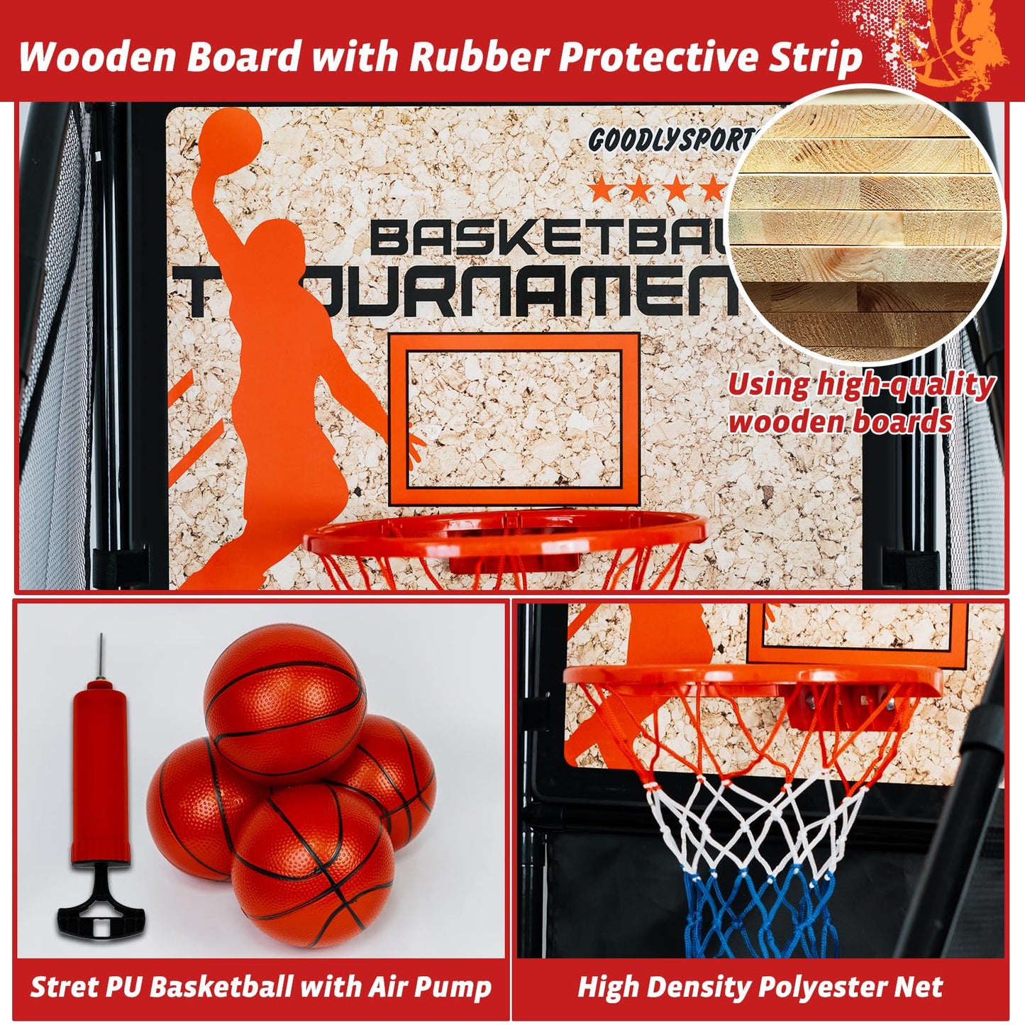 GOODLYSPORTS 63.7-inch Arcade Basketball Game Indoor for Kids 3-12 — Wooden Board Hoop