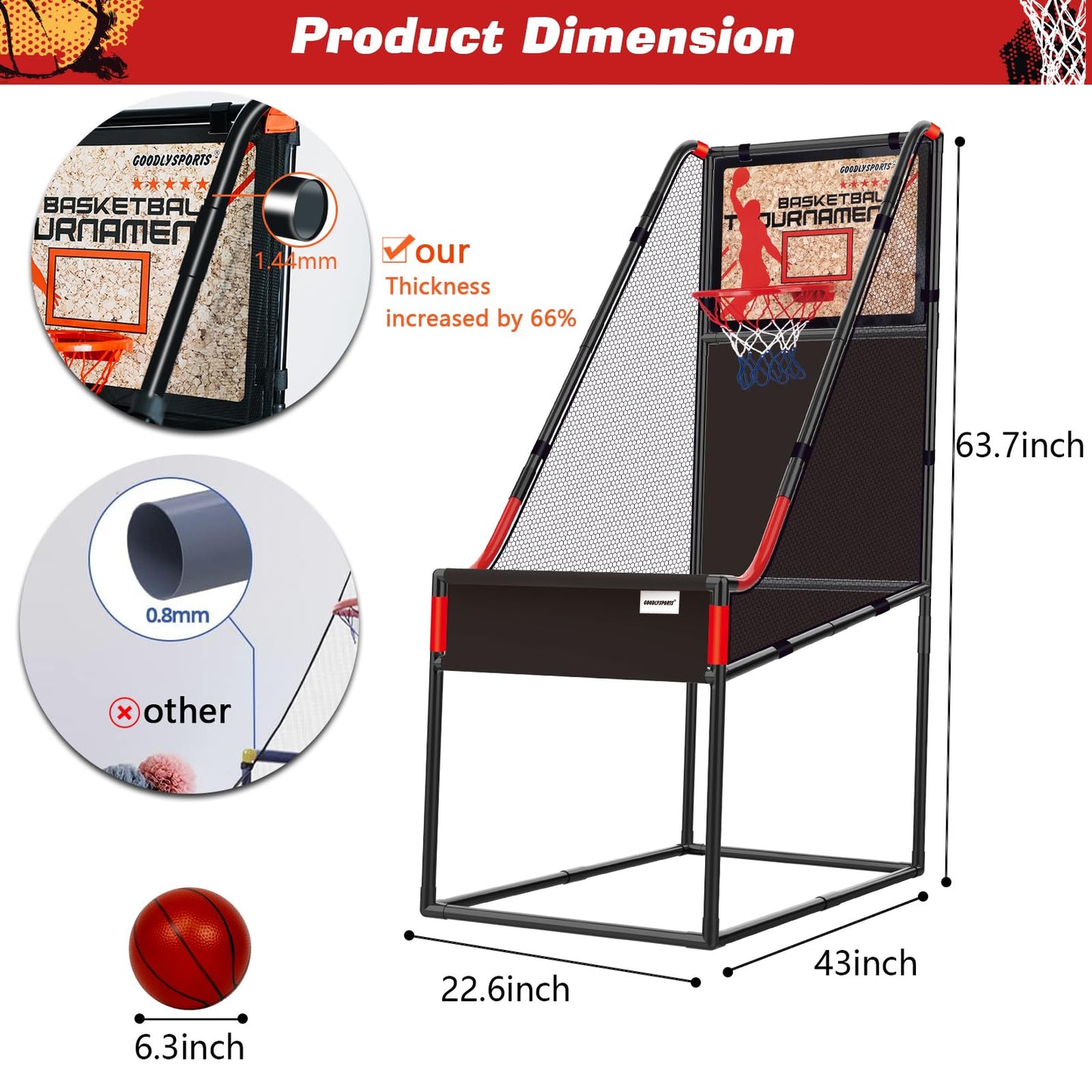 GOODLYSPORTS 63.7-inch Arcade Basketball Game Indoor for Kids 3-12 — Wooden Board Hoop