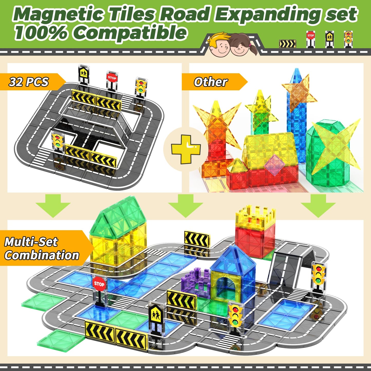 Goodtiles Magnetic Road Expansion Set – STEM Building Tiles for Kids Ages 3-7