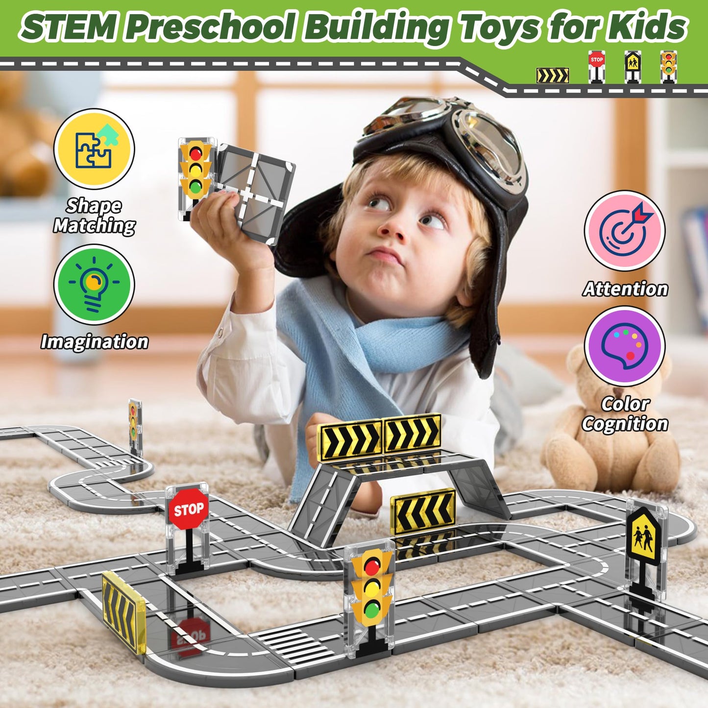 Goodtiles Magnetic Road Expansion Set – STEM Building Tiles for Kids Ages 3-7