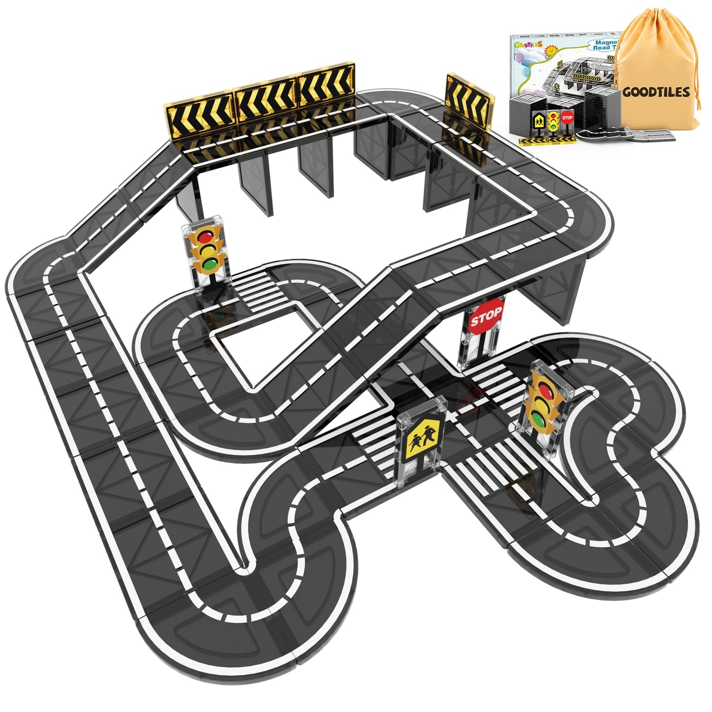Goodtiles Magnetic Road Expansion Set – STEM Building Tiles for Kids Ages 3-7