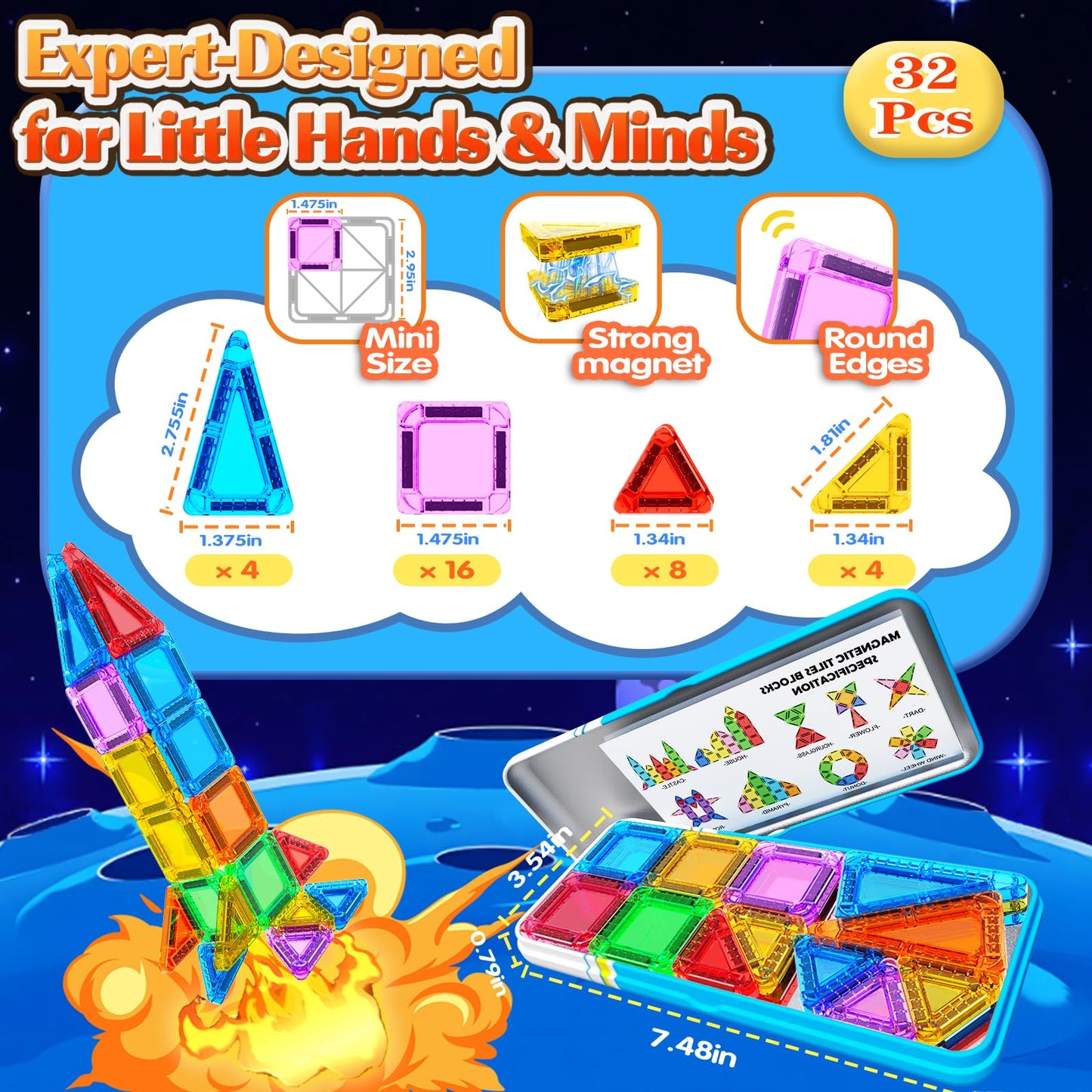 Goodtiles Mini Magnetic Tiles – Portable STEM Travel Toys in Tin for 3-8 Year Olds